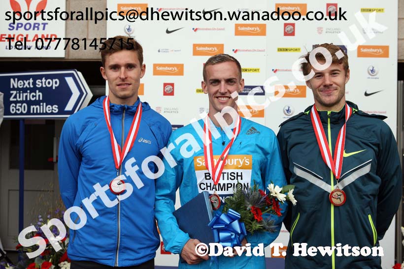 From left to right: Tom Burton 2nd, Niall Flannery winner and Seb Rodger 3rd in the 400 metres hurdles, 2014 Sainsbury's British Championships. Photo: David T. Hewitson/Sports for All Pics